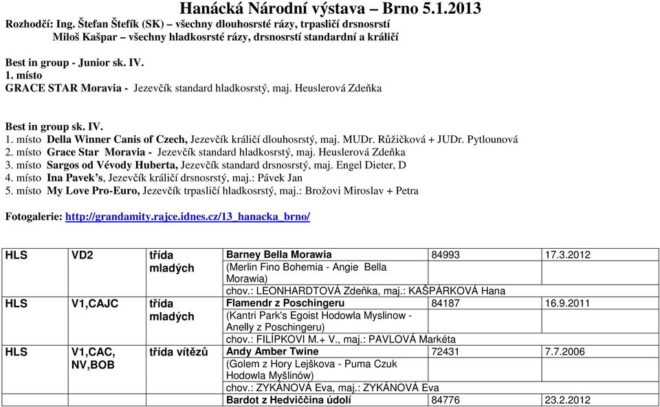 místo GRACE STAR Moravia - Jezevčík standard hladkosrstý, maj. Heuslerová Zdeňka Best in group sk. IV. 1. místo Della Winner Canis of Czech, Jezevčík králičí dlouhosrstý, maj. MUDr. Růžičková + JUDr.