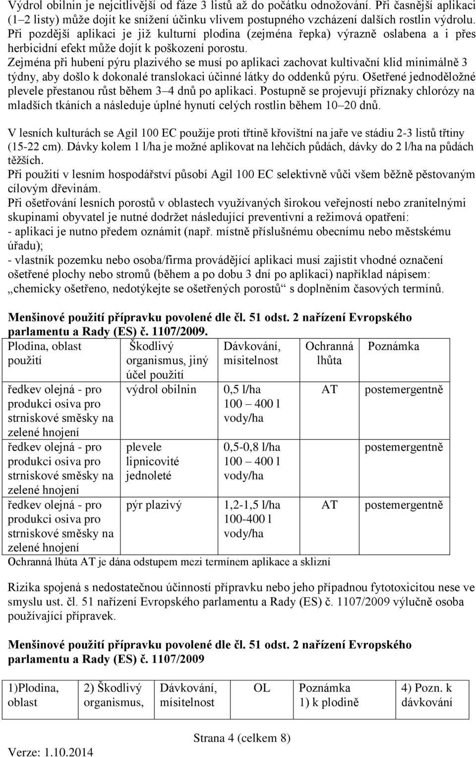 Zejména při hubení pýru plazivého se musí po aplikaci zachovat kultivační klid minimálně 3 týdny, aby došlo k dokonalé translokaci účinné látky do oddenků pýru.