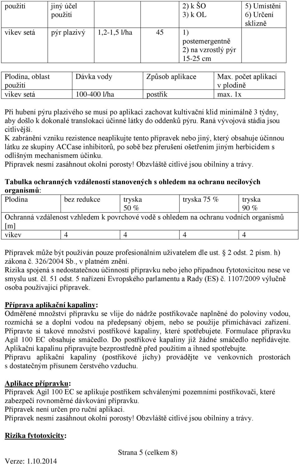 1x Při hubení pýru plazivého se musí po aplikaci zachovat kultivační klid minimálně 3 týdny, aby došlo k dokonalé translokaci účinné látky do oddenků pýru. Raná vývojová stádia jsou citlivější.