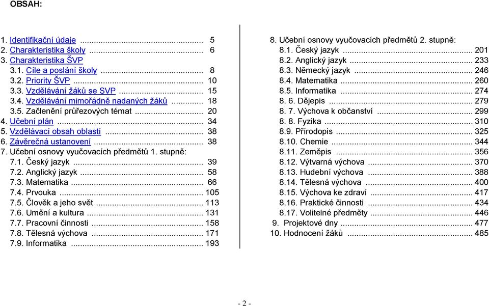 Učební osnovy vyučovacích předmětů 1. stupně: 7.1. Český jazyk... 39 7.2. Anglický jazyk... 58 7.3. Matematika... 66 7.4. Prvouka... 105 7.5. Člověk a jeho svět... 113 7.6. Umění a kultura... 131 7.7. Pracovní činnosti.