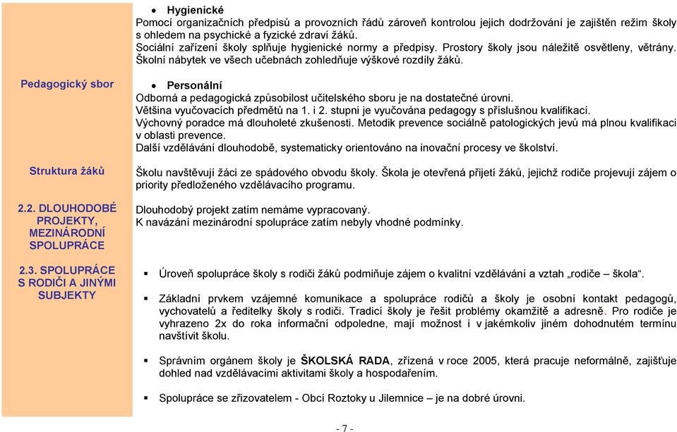 Pedagogický sbor Struktura žáků 2.2. DLOUHODOBÉ PROJEKTY, MEZINÁRODNÍ SPOLUPRÁCE 2.3.