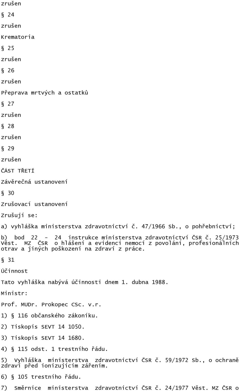 31 Účinnost Tato vyhláška nabývá účinnosti dnem 1. dubna 1988. Ministr: Prof. MUDr. Prokopec CSc. v.r. 1) 116 občanského zákoníku. 2) Tiskopis SEVT 14 1050. 3) Tiskopis SEVT 14 1680. 4) 115 odst.