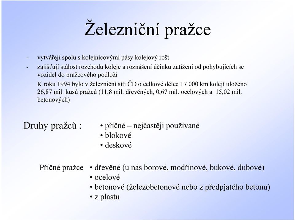 mil. kusů pražců (11,8 mil. dřevěných, 0,67 mil. ocelových a 15,02 mil.