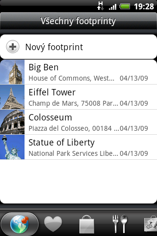 Mapy a umístění 169 Používání aplikace HTC Footprints Aplikace HTC Footprints vám nabízí snadný způsob, jak zaznamenat a sdílet informace o místech, která navštívíte.