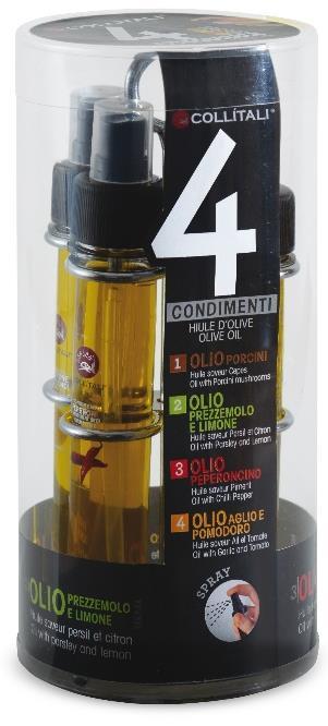 Art. ZZ89 4x30 ml STOJÁNEK 4 x AROMATIZOVANÉ OLEJE SPREJ PŘÍCHUTĚ: Houby (ideální na rizoto a bruschettu) Citrón (ideální na zeleninové