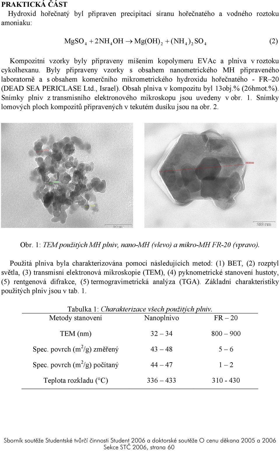 Byly připraveny vzorky s obsahem nanometrického MH připraveného laboratorně a s obsahem komerčního mikrometrického hydroxidu hořečnatého - FR 20 (DEAD SEA PERICLASE Ltd., Israel).