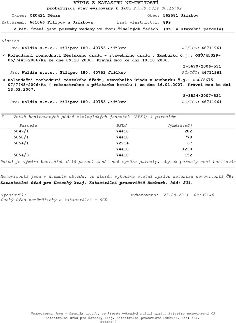 j.: OSÚ/45329-06/7445-2006/Ra ze dne 09.10.2006. Právní mc ke dni 10.10.2006. Z-5670/2006-531 RČ/IČO: Klaudační rzhdnutí Městskéh úřadu, Stavebníh úřadu v Rumburku č.j.: OSÚ/2675-07/7445-2006/Ra ( reknstrukce a přístavba htelu ) ze dne 16.