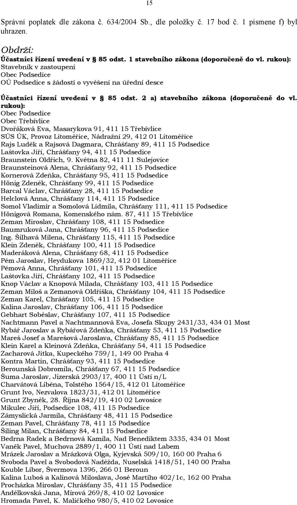 rukou): Obec Podsedice Obec Třebívlice Dvořáková Eva, Masarykova 91, 411 15 Třebívlice SÚS ÚK, Provoz Litoměřice, Nádražní 29, 412 01 Litoměřice Rajs Luděk a Rajsová Dagmara, Chrášťany 89, 411 15