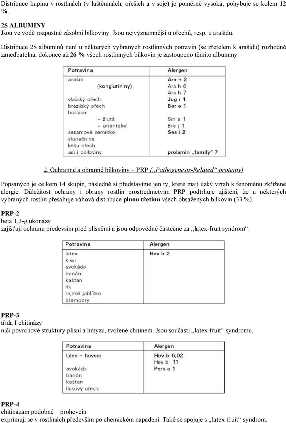 Distribuce 2S albuminů není u některých vybraných rostlinných potravin (se zřetelem k arašídu) rozhodně zanedbatelná, dokonce až 26 % všech rostlinných bílkovin je zastoupeno těmito albuminy. 2. Ochranné a obranné bílkoviny PRP ( Pathogenesis-Related proteiny) Popsaných je celkem 14 skupin, následně si představíme jen ty, které mají úzký vztah k fenoménu zkřížené alergie.