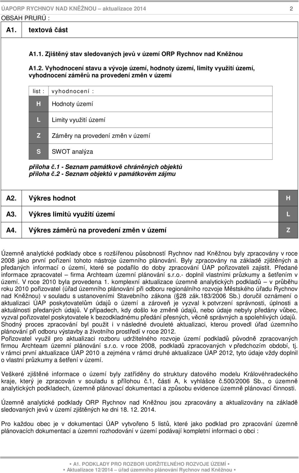 na provedení změn v území list : vyhodnocení : Z S odnoty území imity využití území Záměry na provedení změn v území SWOT analýza příloha č.1 - Seznam památkově chráněných objektů příloha č.