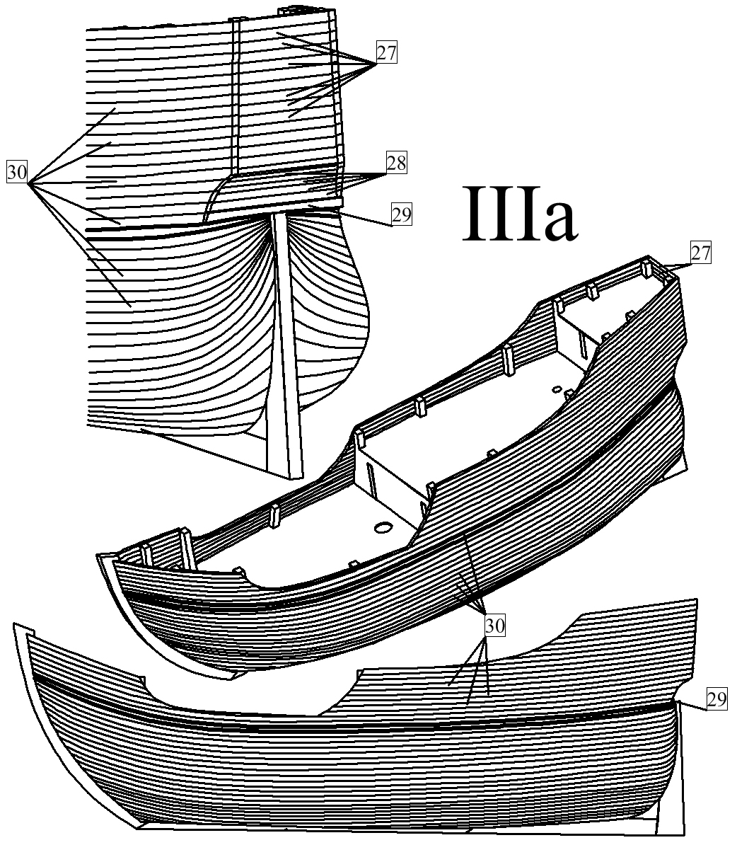 III) Plaňkovaní trupu I: a) Nejdříve oplaňkujte záďové zrcadlo lodi plaňkami 27 a 28. Poté oplaňkujte trup lodi plaňkami 30.