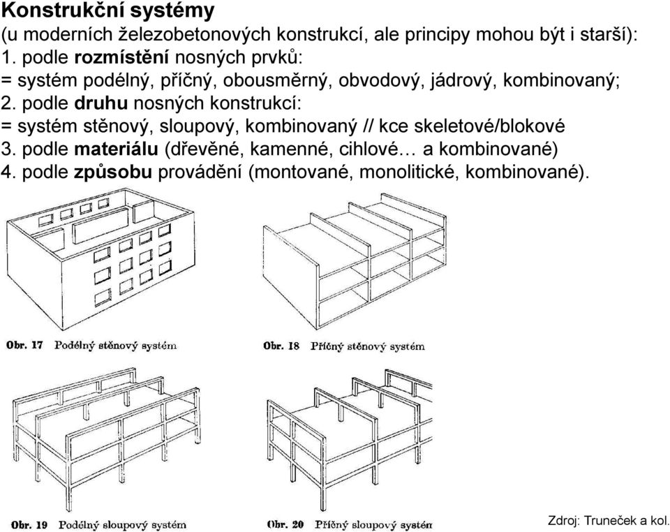 podle druhu nosných konstrukcí: = systém stěnový, sloupový, kombinovaný // kce skeletové/blokové 3.