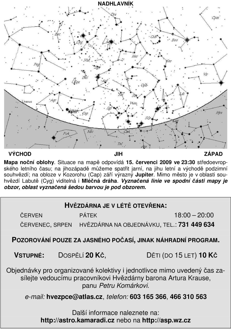 Mimo město je v oblasti souhvězdí Labutě (Cyg) viditelná i Mléčná dráha. Vyznačená linie ve spodní části mapy je obzor, oblast vyznačená šedou barvou je pod obzorem.