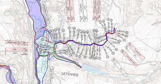 2.7. Rozsah záplavového území Rozsah záplavového území je zakreslen v situaci záplavového území do map 1:10 000 pro průtoky Q5 (zeleně), Q20 (červeně), Q100 (modře) příloha Situace A.1. A.2. Kóty hladin v korytě pro průtoky Q1 Q500 jsou zakresleny v podélných a příčných profilech přílohy Podélný profil B.