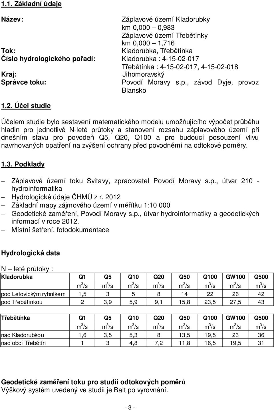 ávce toku: 1.2. Účel studie Jihomoravský Povodí Moravy s.p.