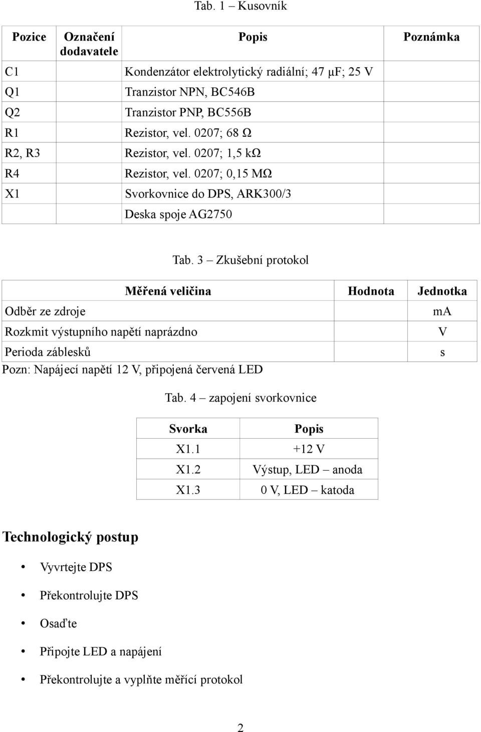 3 Zkušební protokol Měřená veličina Hodnota Jednotka Odběr ze zdroje ma Rozkmit výstupního napětí naprázdno V Perioda záblesků s Pozn: Napájecí napětí 12 V, připojená červená LED