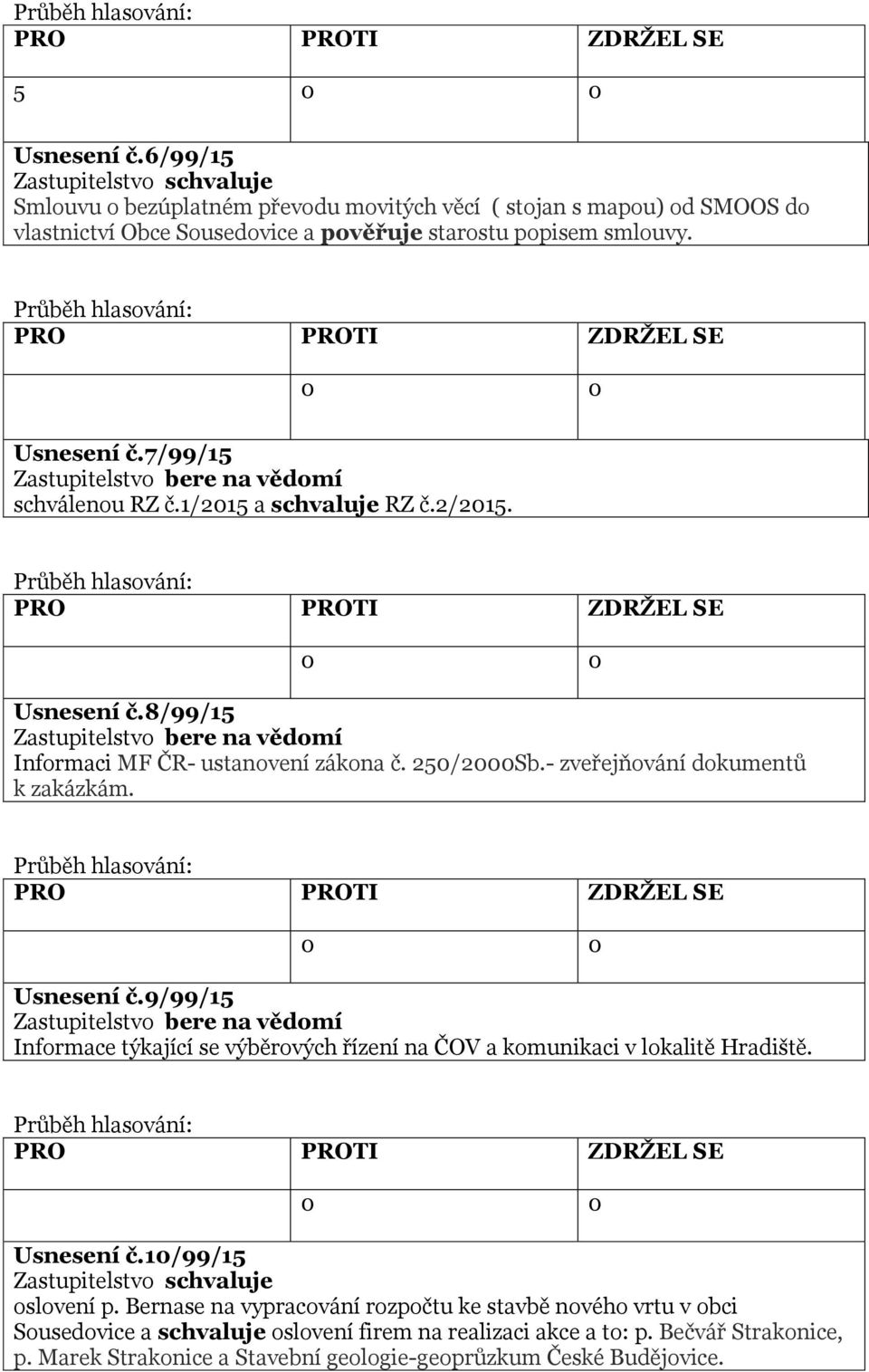 - zveřejňování dokumentů k zakázkám. Usnesení č.9/99/15 Informace týkající se výběrových řízení na ČOV a komunikaci v lokalitě Hradiště. Usnesení č.10/99/15 oslovení p.