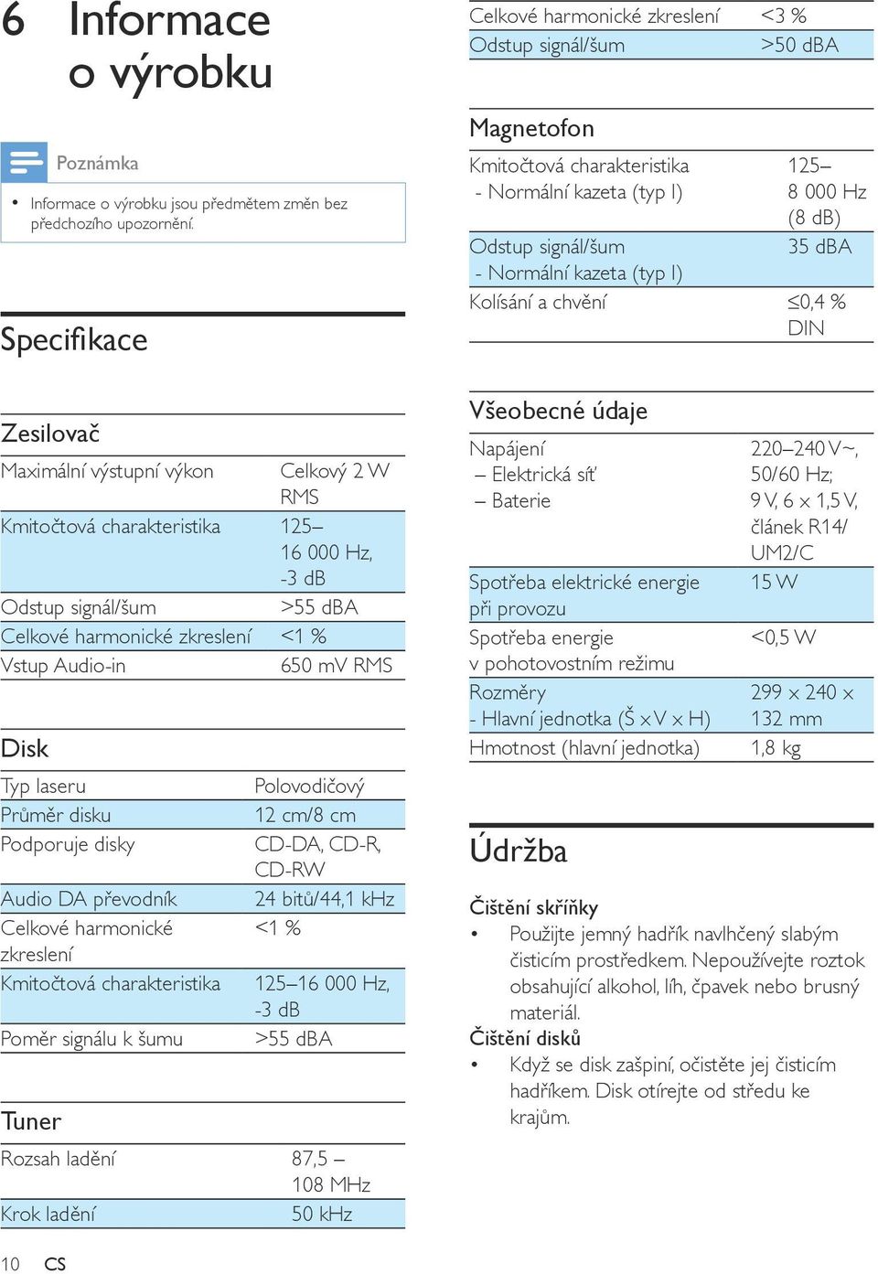 Disk Typ laseru Průměr disku Podporuje disky Audio DA převodník Celkové harmonické zkreslení Kmitočtová charakteristika Poměr signálu k šumu Tuner Polovodičový 12 cm/8 cm CD-DA, CD-R, CD-RW 24