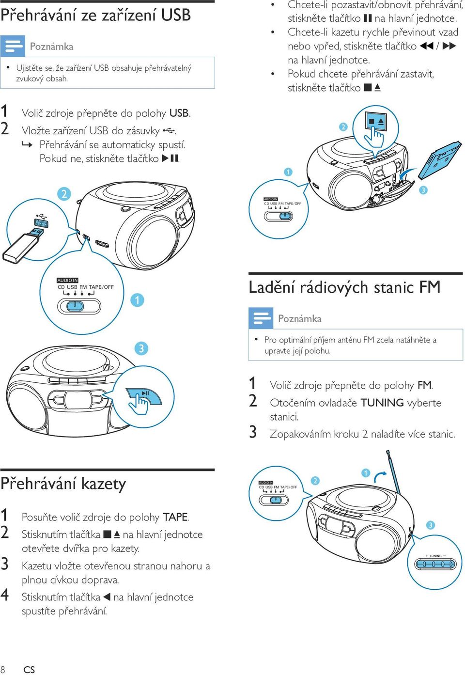 2 Vložte zařízení USB do zásuvky.»» Přehrávání se automaticky spustí. Pokud ne, stiskněte tlačítko.