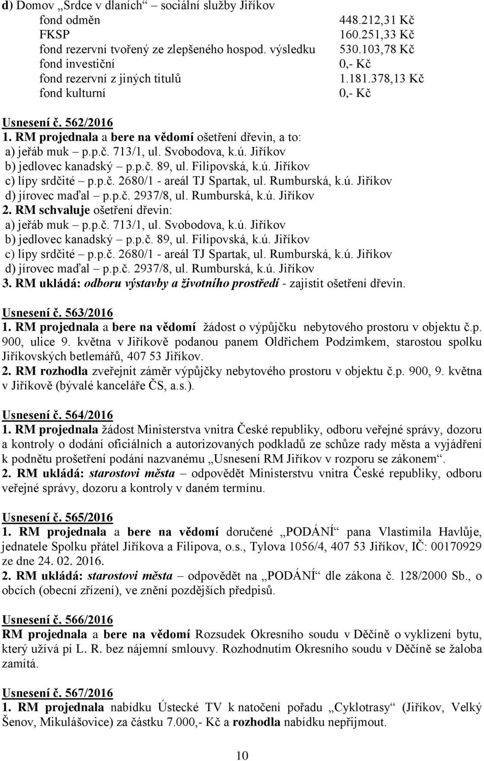 Jiříkov b) jedlovec kanadský p.p.č. 89, ul. Filipovská, k.ú. Jiříkov c) lípy srdčité p.p.č. 2680/1 - areál TJ Spartak, ul. Rumburská, k.ú. Jiříkov d) jírovec maďal p.p.č. 2937/8, ul. Rumburská, k.ú. Jiříkov 2.