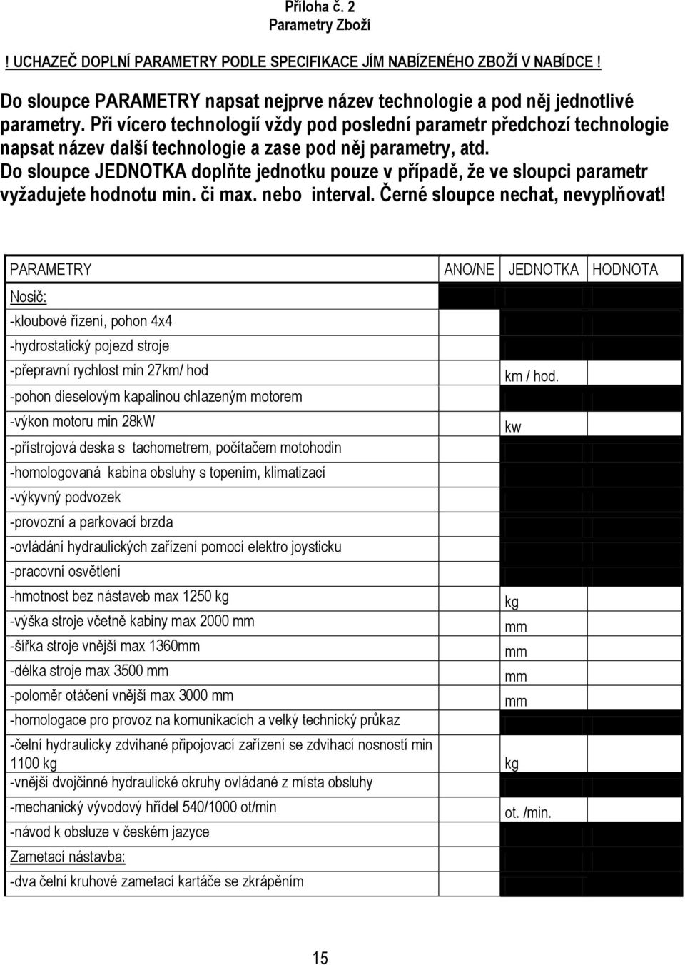 Do sloupce JEDNOTKA doplňte jednotku pouze v případě, že ve sloupci parametr vyžadujete hodnotu min. či max. nebo interval. Černé sloupce nechat, nevyplňovat!