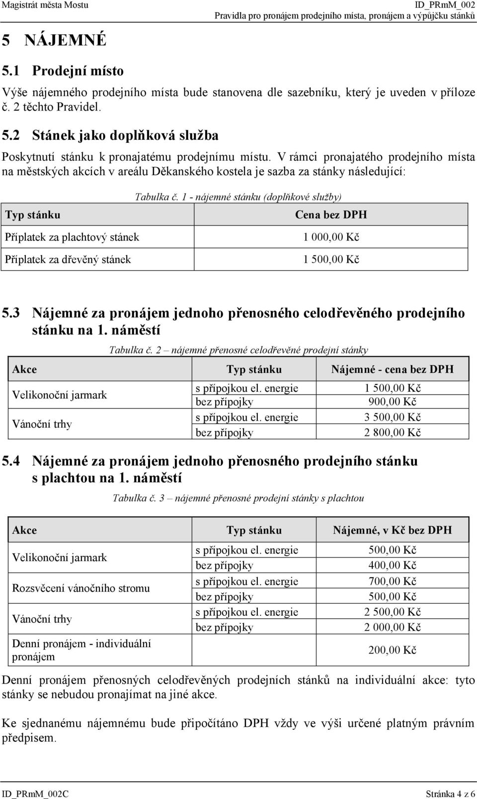 1 - nájemné stánku (doplňkové služby) Cena bez DPH Příplatek za plachtový stánek Příplatek za dřevěný stánek 1 000,00 Kč 1 500,00 Kč 5.