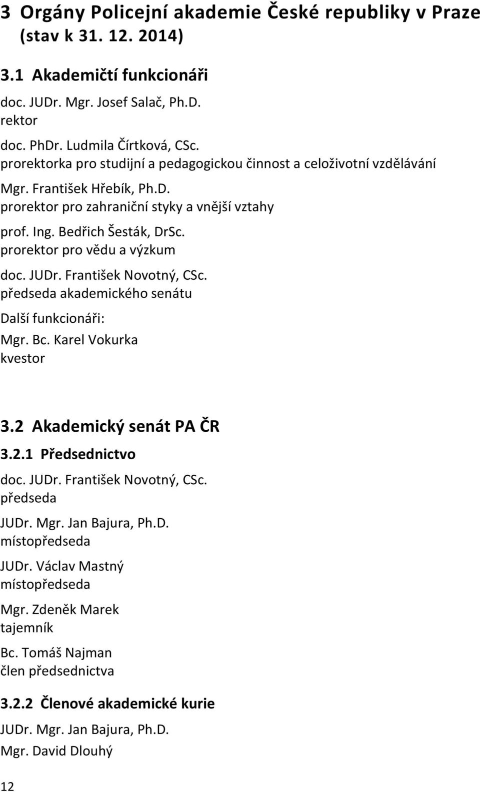 prorektor pro vědu a výzkum doc. JUDr. František Novotný, CSc. předseda akademického senátu Další funkcionáři: Mgr. Bc. Karel Vokurka kvestor 3.2 Akademický senát PA ČR 3.2.1 Předsednictvo doc. JUDr. František Novotný, CSc. předseda JUDr.