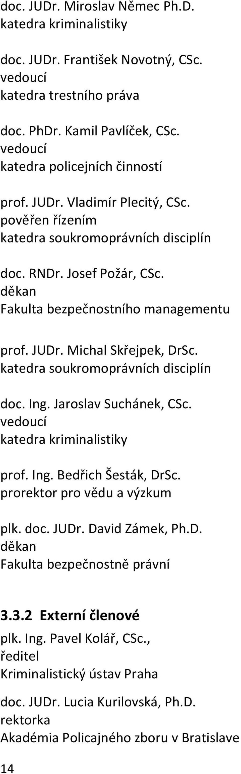 katedra soukromoprávních disciplín doc. Ing. Jaroslav Suchánek, CSc. vedoucí katedra kriminalistiky prof. Ing. Bedřich Šesták, DrSc. prorektor pro vědu a výzkum plk. doc. JUDr. David Zámek, Ph.D. děkan Fakulta bezpečnostně právní 3.