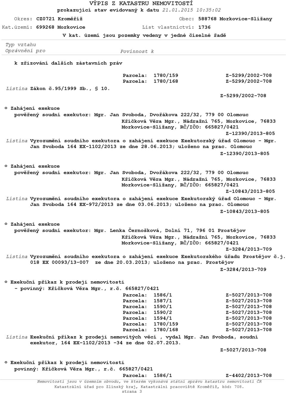 Jan Svbda, Dvřákva 222/32, 779 00 Olmuc Kříčkvá Věra Mgr., Nádražní 765, Mrkvice, 76833 Mrkvice-, Z-12390/2013-805 Vyrzumění sudníh exekutra zahájení exekuce Exekutrský úřad Olmuc - Mgr.