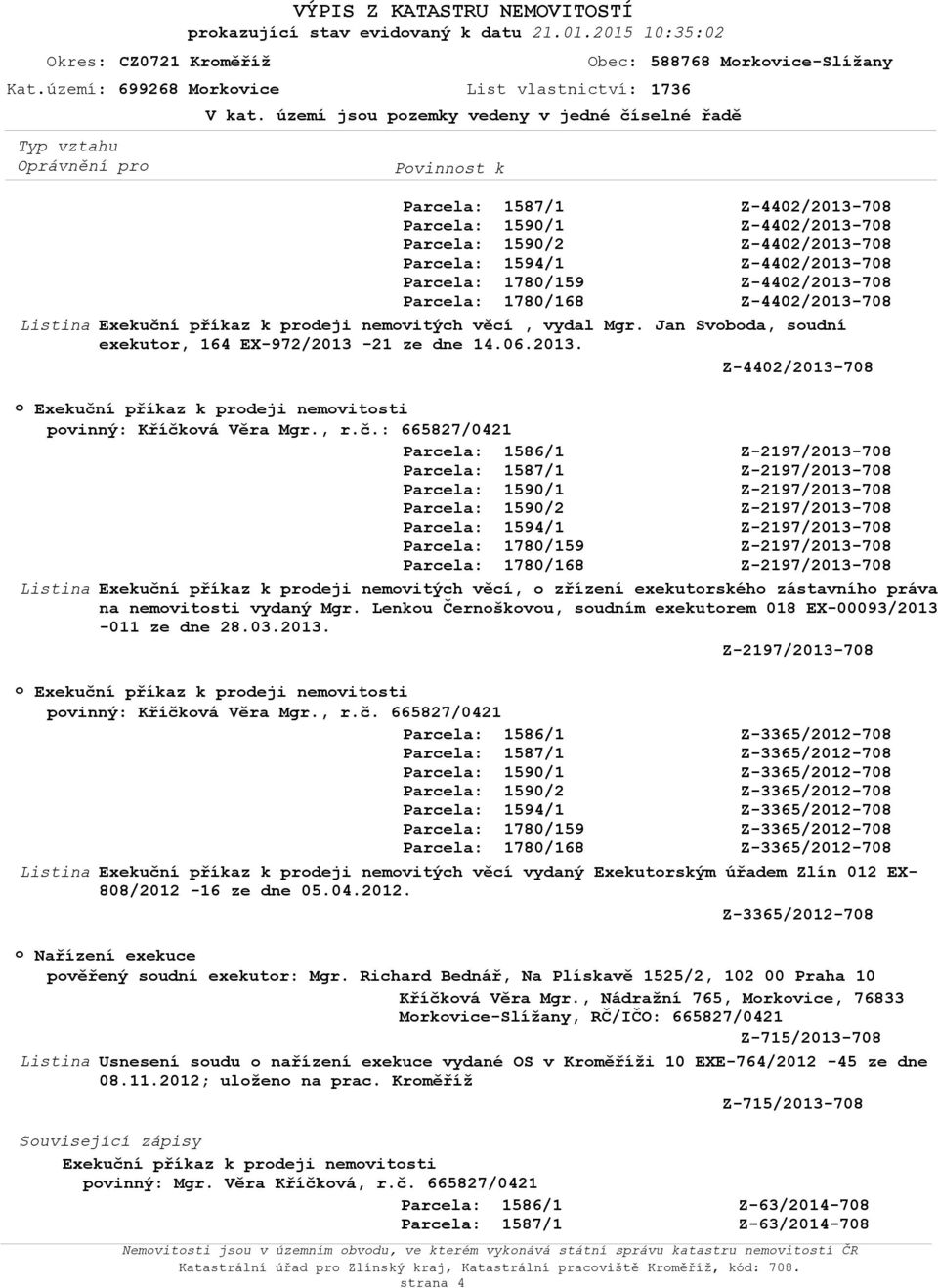 21 ze dne 14.06.2013. Exekuční příkaz k prdeji nemvitsti pvinný: Kříčkvá Věra Mgr., r.č.: 665827/0421 Exekuční příkaz k prdeji nemvitých věcí, zřízení exekutrskéh zástavníh práva na nemvitsti vydaný Mgr.