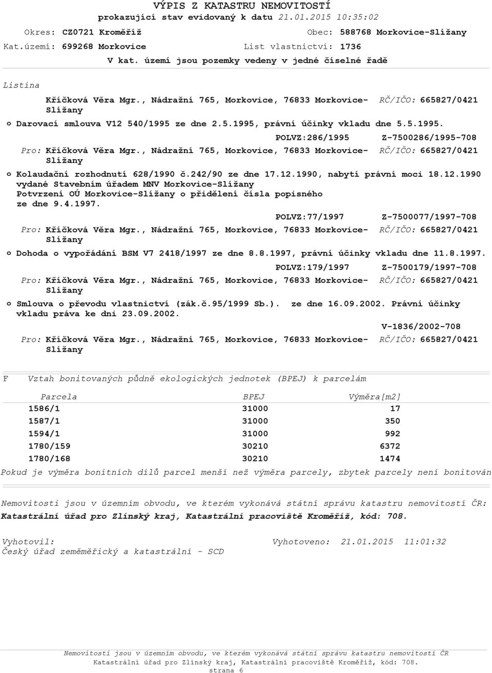 , Nádražní 765, Mrkvice, 76833 Mrkvice- Kříčkvá Věra Mgr., Nádražní 765, Mrkvice, 76833 Mrkvice- Kříčkvá Věra Mgr., Nádražní 765, Mrkvice, 76833 Mrkvice- Kříčkvá Věra Mgr., Nádražní 765, Mrkvice, 76833 Mrkvice- 588768 Mrkvice- Darvací smluva V12 540/1995 ze dne 2.