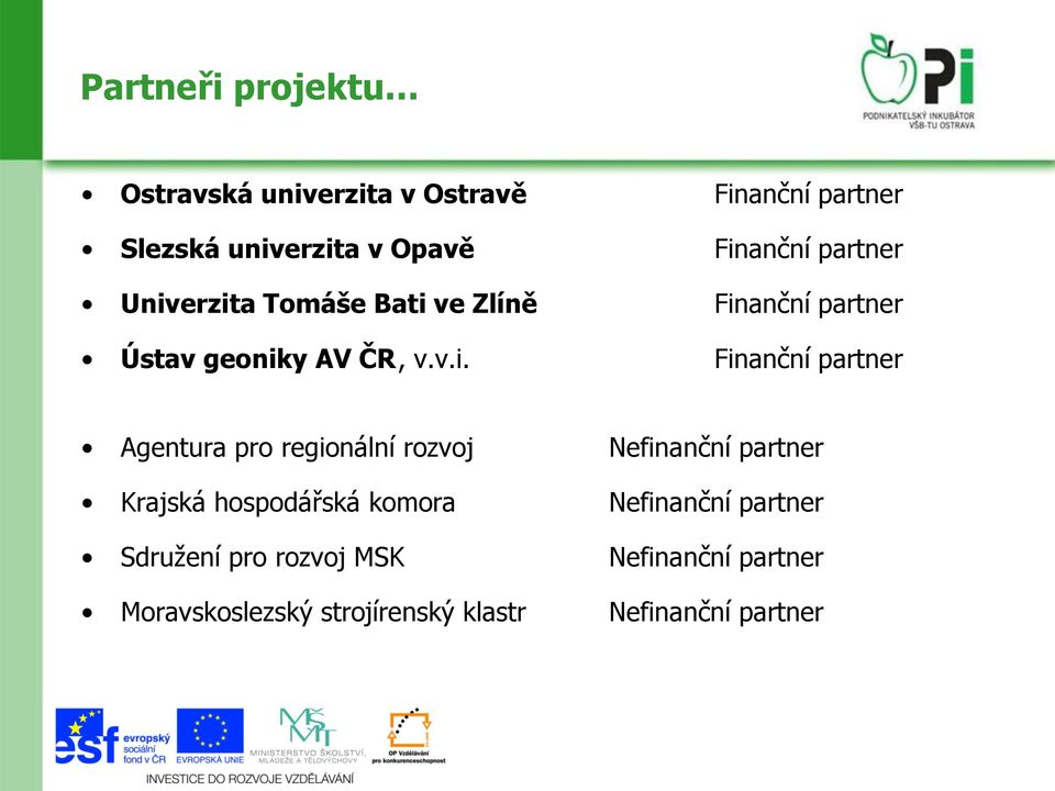 Finanční partner Agentura pro regionální rozvoj Nefinanční partner Krajská hospodářská komora