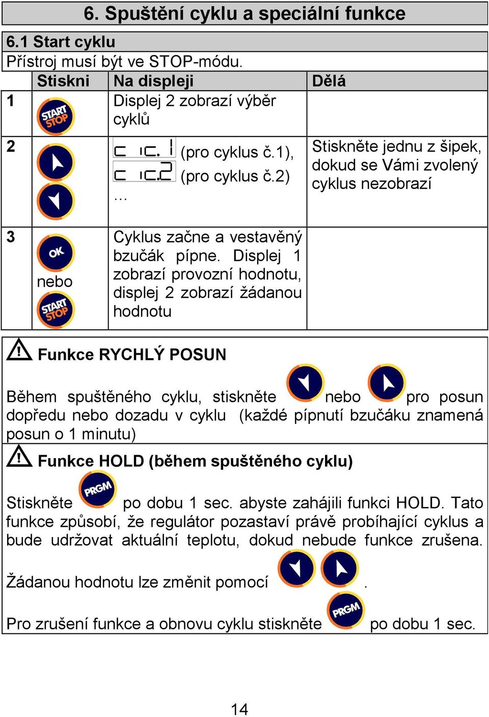 Displej 1 zobrazí provozní hodnotu, displej 2 zobrazí žádanou hodnotu Funkce RYCHLÝ POSUN Během spuštěného cyklu, stiskněte nebo pro posun dopředu nebo dozadu v cyklu (každé pípnutí bzučáku znamená