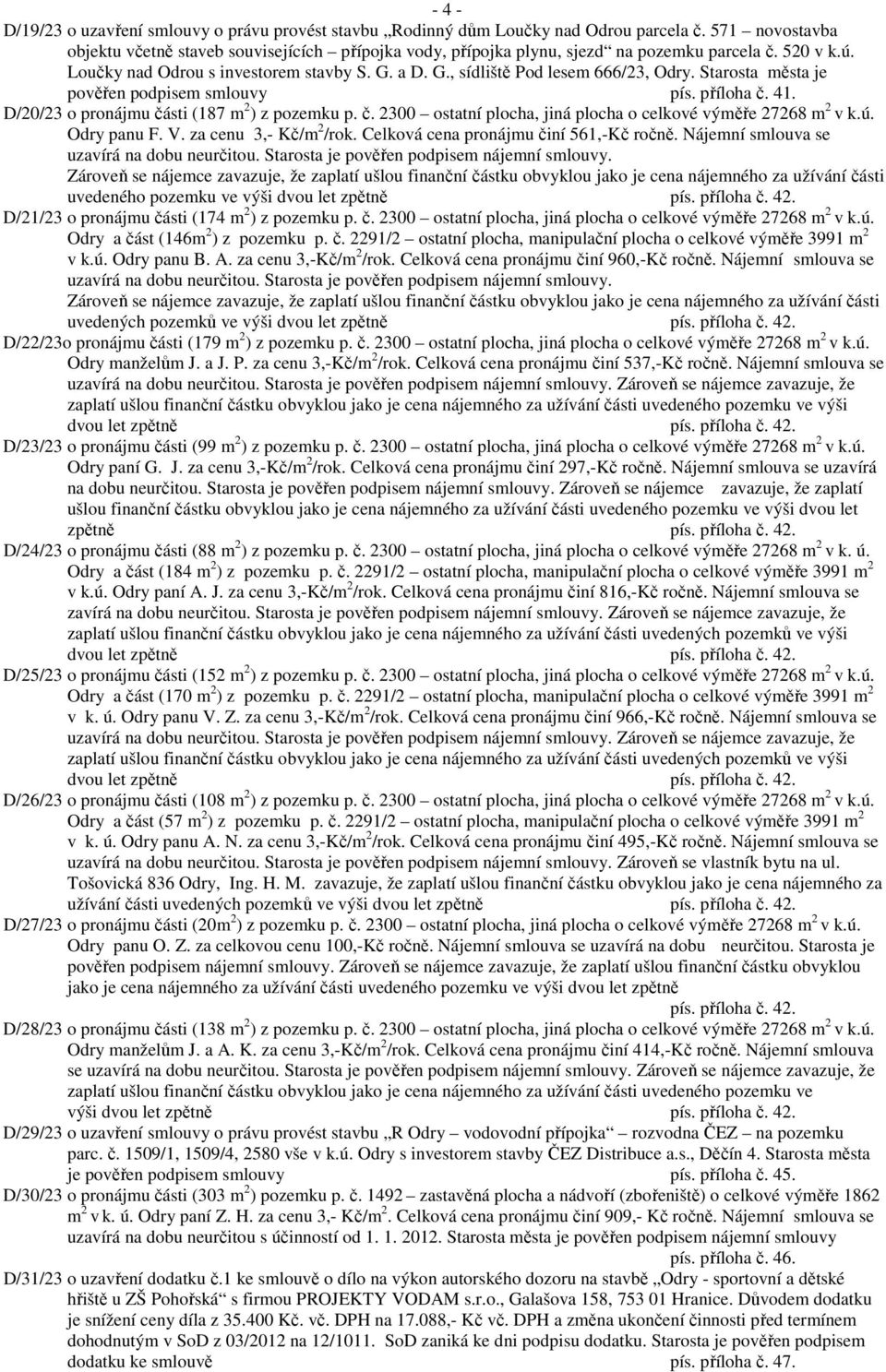 Starosta města je pověřen podpisem smlouvy pís. příloha č. 41. D/20/23 o pronájmu části (187 m 2 ) z pozemku p. č. 2300 ostatní plocha, jiná plocha o celkové výměře 27268 m 2 v k.ú. Odry panu F. V.