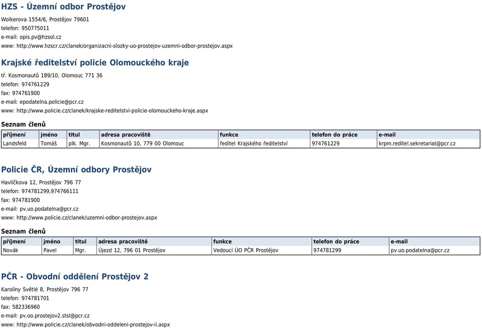 aspx Landsfeld Tomáš plk. Mgr. Kosmonautů 10, 779 00 Olomouc ředitel Krajského ředitelství 974761229 krpm.reditel.sekretariat@pcr.