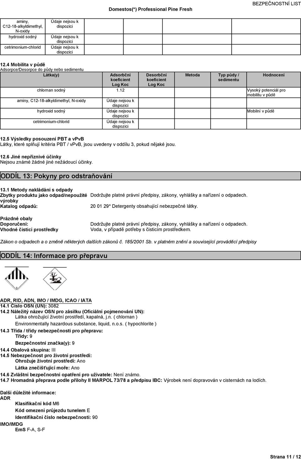 ODDÍL13:Pokynyproodstraňování 13.1 Metody nakládání s odpady Zbytkyproduktujakoodpad/nepoužité Dodržujteplatnéprávnípředpisy,zákony,vyhláškyanařízeníoodpadech.