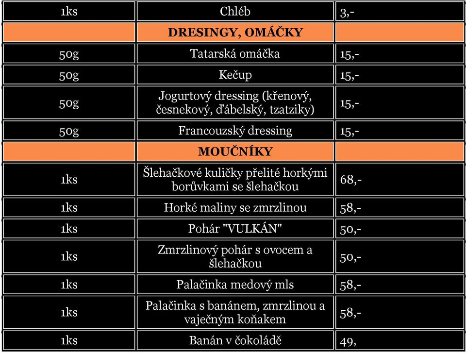 horkými borůvkami se šlehačkou 68,- Horké maliny se zmrzlinou 58,- Pohár "VULKÁN" 50,- Zmrzlinový pohár s