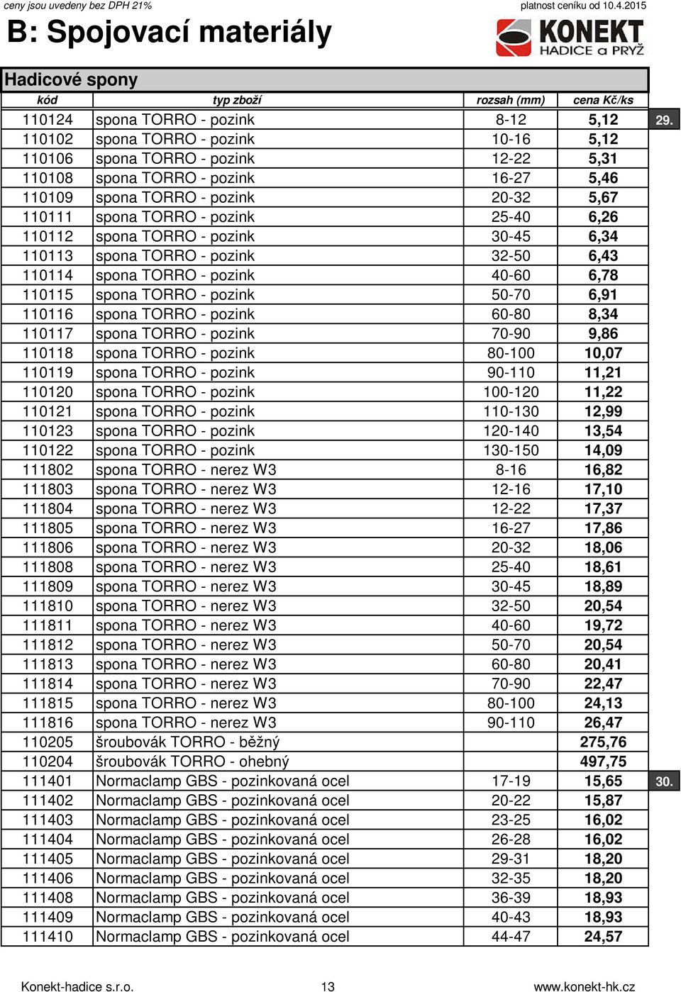 110112 spona TORRO - pozink 30-45 6,34 110113 spona TORRO - pozink 32-50 6,43 110114 spona TORRO - pozink 40-60 6,78 110115 spona TORRO - pozink 50-70 6,91 110116 spona TORRO - pozink 60-80 8,34