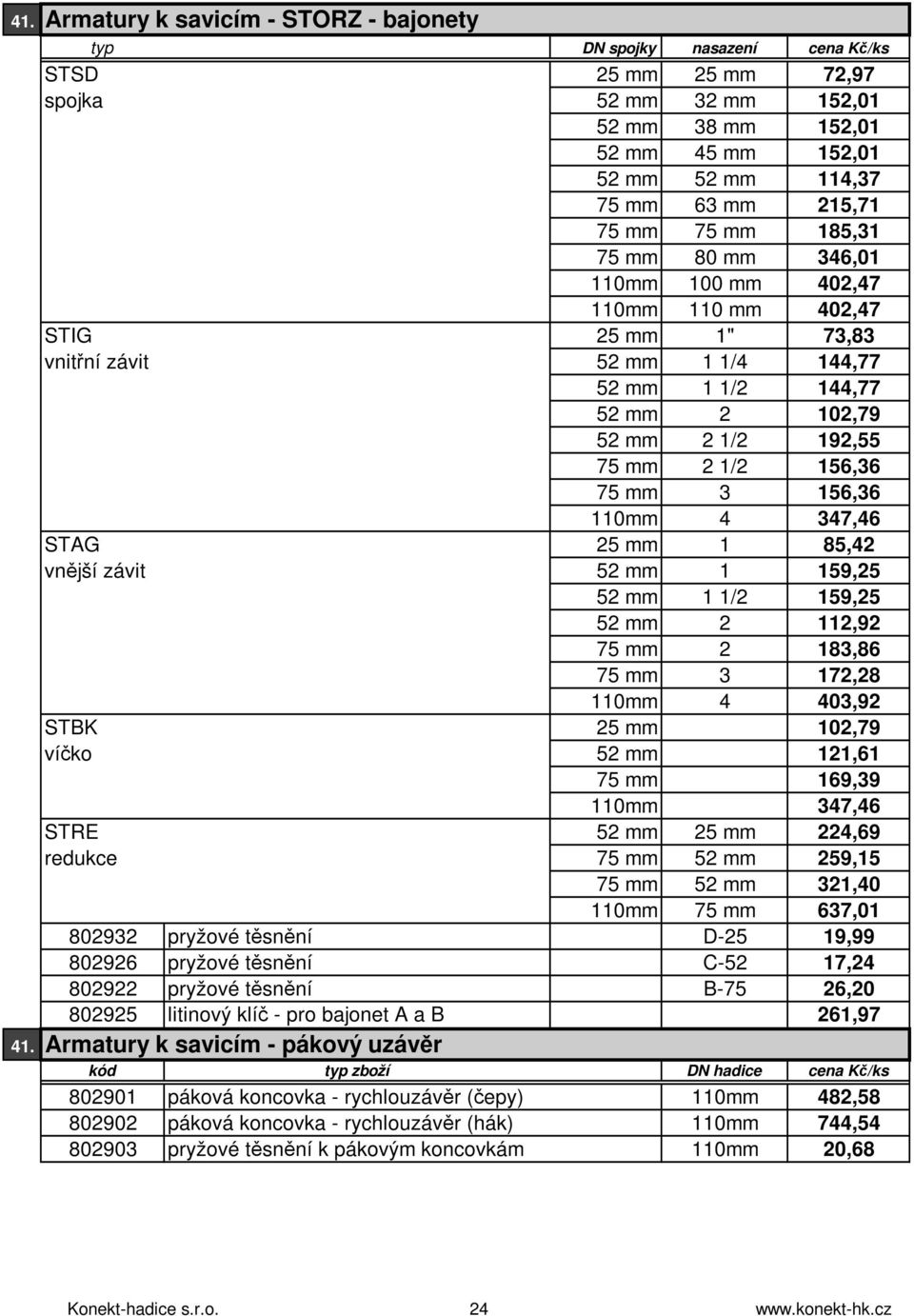 1/2 156,36 75 mm 3 156,36 110mm 4 347,46 STAG 25 mm 1 85,42 vnější závit 52 mm 1 159,25 52 mm 1 1/2 159,25 52 mm 2 112,92 75 mm 2 183,86 75 mm 3 172,28 110mm 4 403,92 STBK 25 mm 102,79 víčko 52 mm