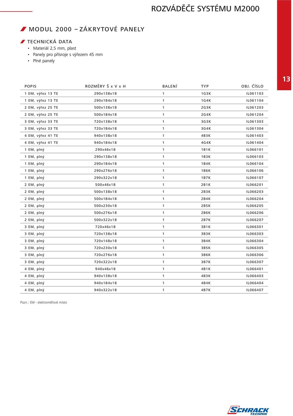 33 TE 720x138x18 1 3G3K IL061303 3 EM, výřez 33 TE 720x184x18 1 3G4K IL061304 4 EM, výřez 41 TE 940x138x18 1 4B3K IL061403 4 EM, výřez 41 TE 940x184x18 1 4G4K IL061404 1 EM, plný 290x46x18 1 1B1K