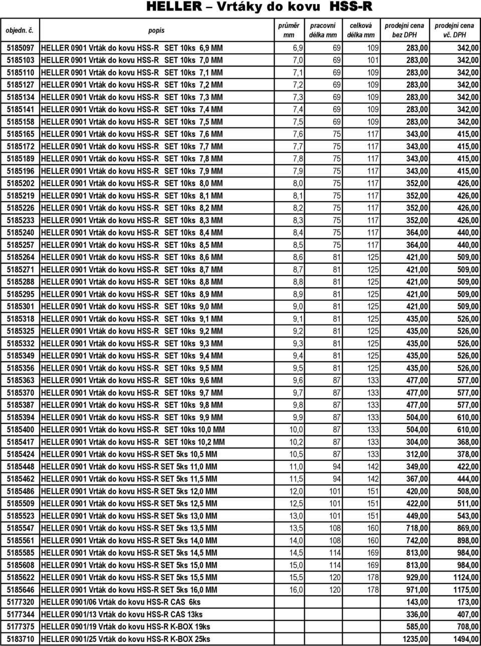 HELLER 0901 Vrták do kovu HSS-R SET 10ks 7,1 MM 7,1 69 109 283,00 342,00 5185127 HELLER 0901 Vrták do kovu HSS-R SET 10ks 7,2 MM 7,2 69 109 283,00 342,00 5185134 HELLER 0901 Vrták do kovu HSS-R SET