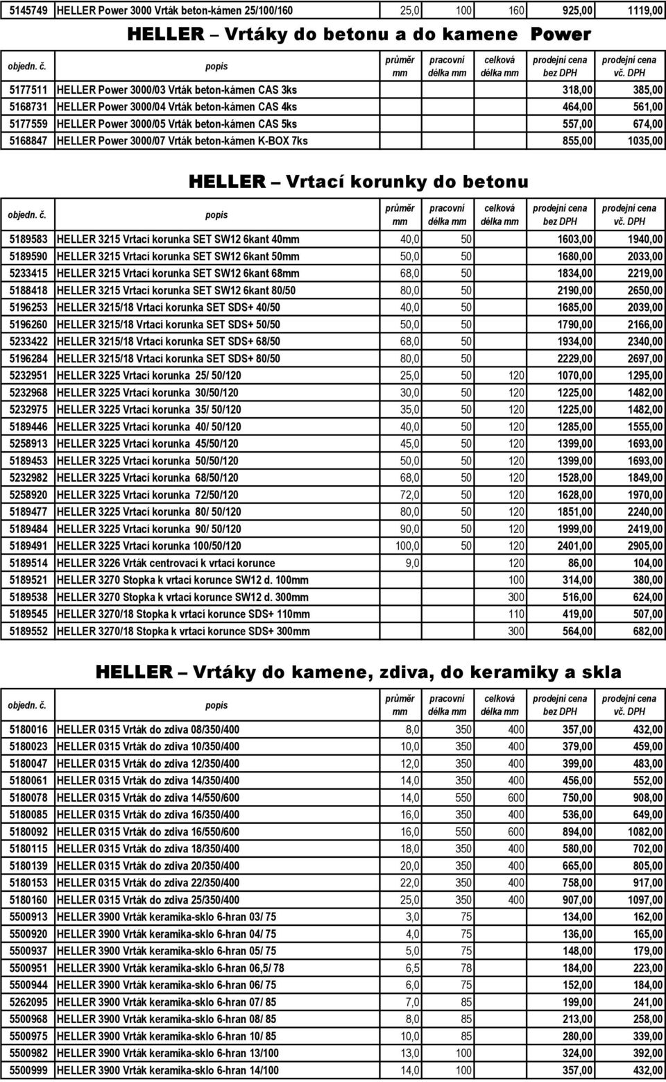 3000/05 Vrták beton-kámen CAS 5ks 7,00 674,00 5168847 HELLER Power 3000/07 Vrták beton-kámen K-BOX 7ks 8,00 1035,00 objedn. č.