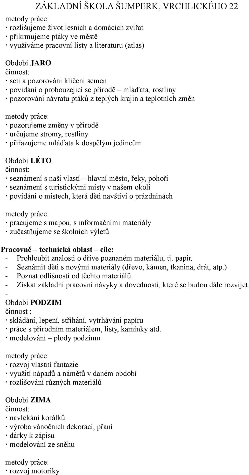 řeky, pohoří seznámení s turistickými místy v našem okolí povídání o místech, která děti navštíví o prázdninách pracujeme s mapou, s informačními materiály zúčastňujeme se školních výletů Pracovně