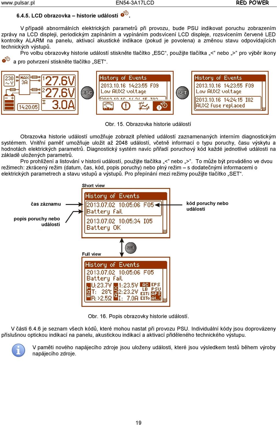 LED kontrolky ALARM na panelu, aktivací akustické indikace (pokud je povolena) a změnou stavu odpovídajících technických výstupů.