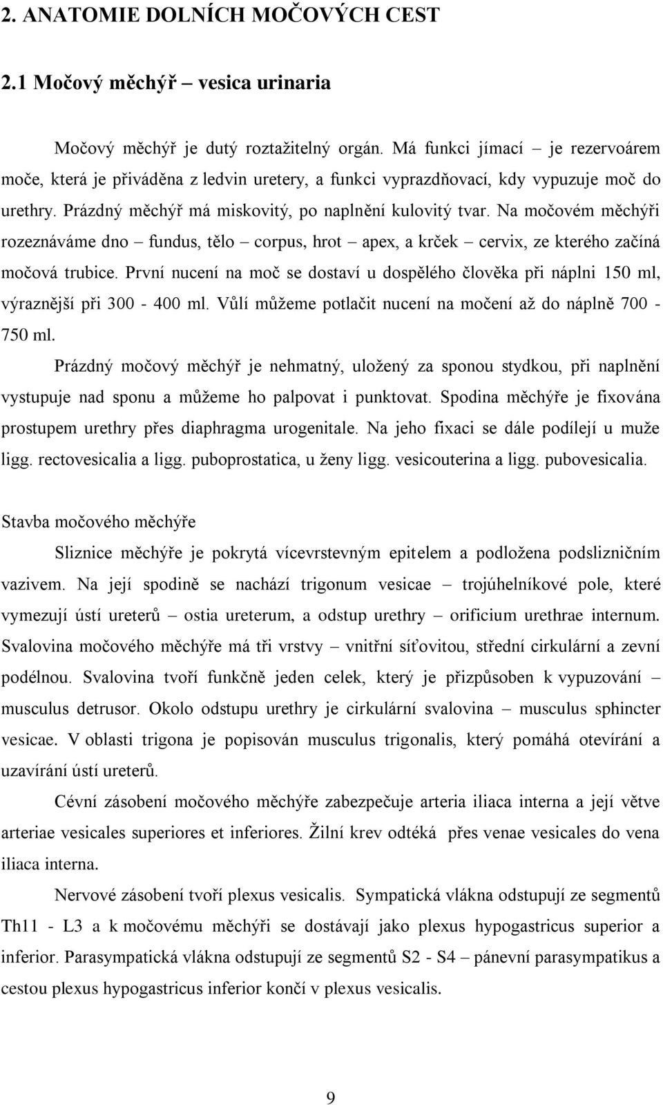 Na močovém měchýři rozeznáváme dno fundus, tělo corpus, hrot apex, a krček cervix, ze kterého začíná močová trubice.