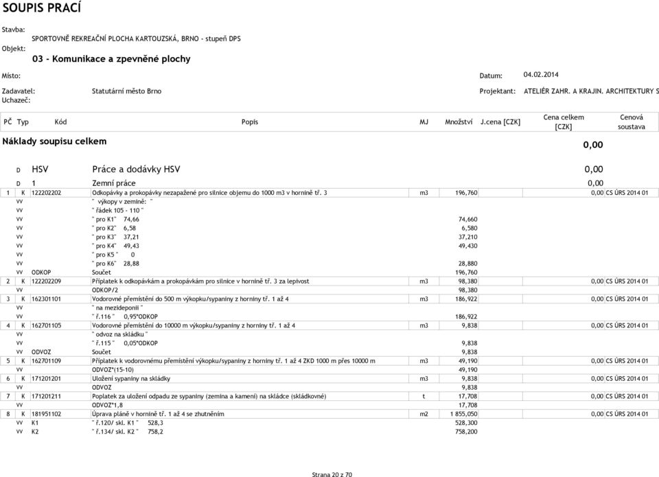 cena Náklady soupisu celkem 0,00 D HSV Práce a dodávky HSV 0,00 D 1 Zemní práce 0,00 1 K 122202202 Odkopávky a prokopávky nezapažené pro silnice objemu do 1000 m3 v hornině tř.