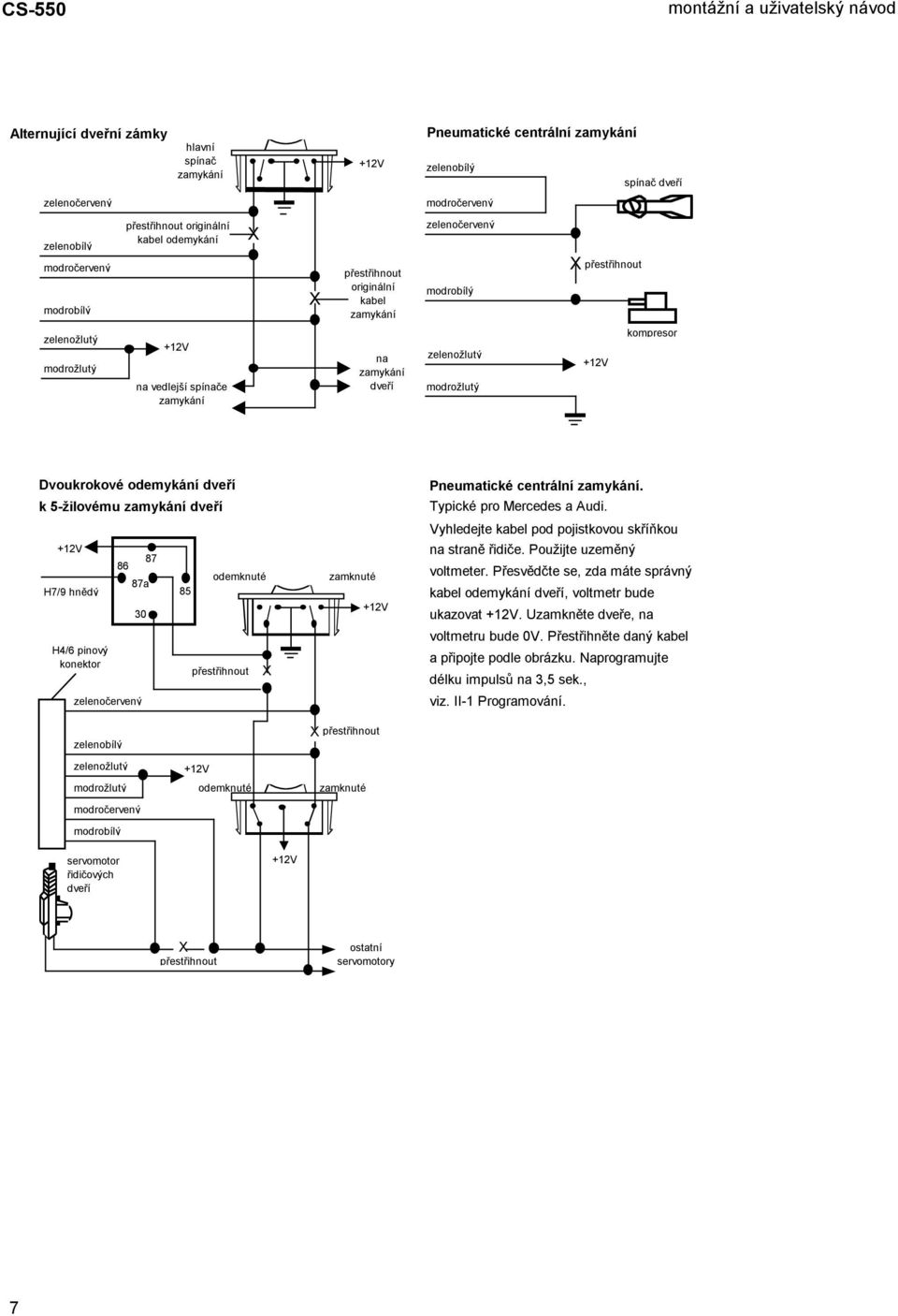 Dvoukrokové odemykání dveří k 5-žilovému zamykání dveří H7/9 hnědý H4/6 pinový konektor 86 87a 30 zelenočervený 87 85 odemknuté přestřihnout X zamknuté Pneumatické centrální zamykání.