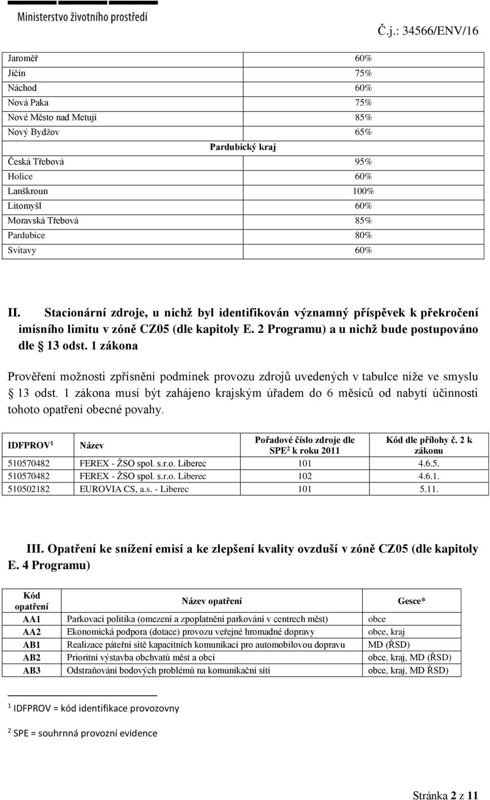 1 zákona Prověření možnosti zpřísnění podmínek provozu zdrojů uvedených v tabulce níže ve smyslu 13 odst.