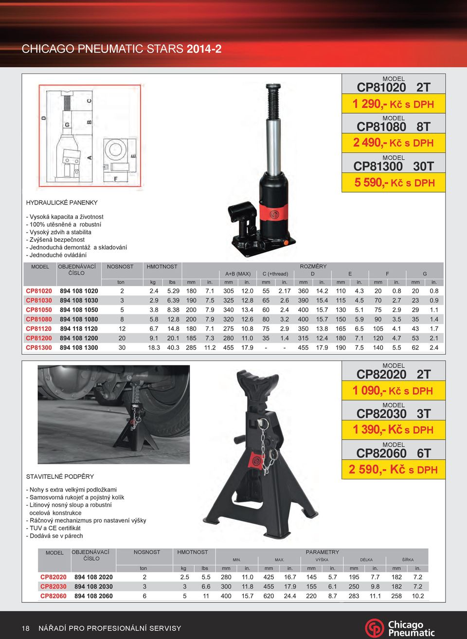 090,- Kč s DPH CP82030 3T 1 390,- Kč s DPH CP82060 6T 2 590,- Kč s DPH - Nohy s extra velkými podložkami - Samosvorná rukojeť a pojistný kolík - Litinový nosný sloup a robustní ocelová