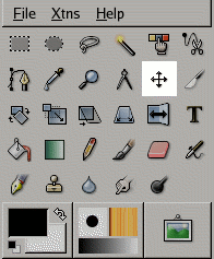 KAPITOLA 7. PANEL NÁSTROJŮ 7.4. NÁSTROJE TRANSFORMACE Obrázek 7.20. Přehled transformačních nástrojů GIMPu. Obrázek 7.21. Nástroj Přesun 7.4.2. Nástroj Přesun Nástroj přesun slouží k přesouvání vrstev a výběrů.